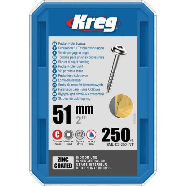 KREG Pocket-Hole skruer 51mm Zinc Coated Maxi-Loc grov gevind 250stk