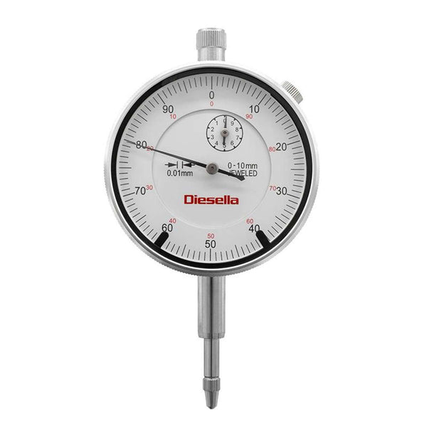 DIESELLA Måleur 0-10 x 0,01mm DIN 878 med tolerancepile og flad bagplade + bagplade med øje