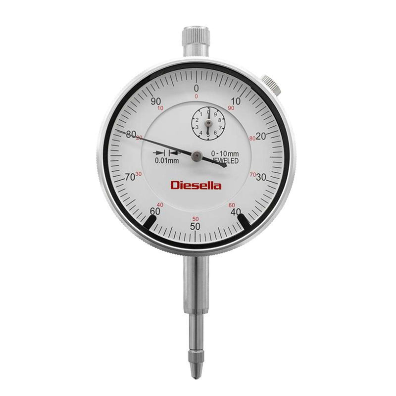 DIESELLA Måleur 0-10 x 0,01mm DIN 878 med tolerancepile og flad bagplade + bagplade med øje + Werkscertifikat