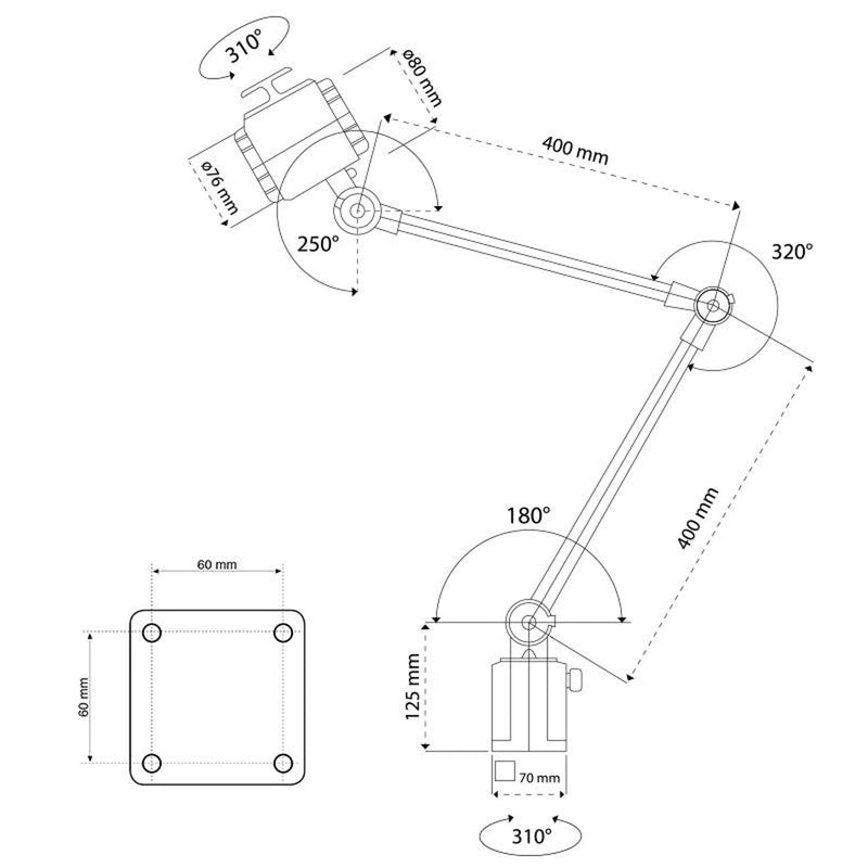 WRKPRO LED Maskinlys "VELA" med 400+400 mm arm AC 100V-240V