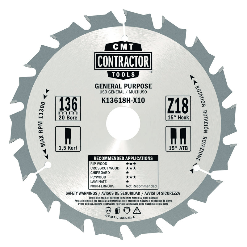 CMT Rundsavsklinge "Contractor" 136x1,5x20 Z18 W 10stk AKKU