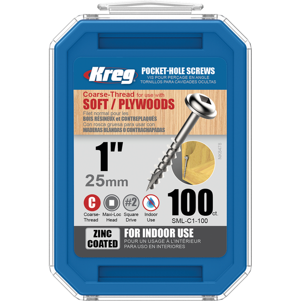 KREG Pocket-Hole skruer 25mm Zinc Coated Maxi-Loc grov gevind 100stk