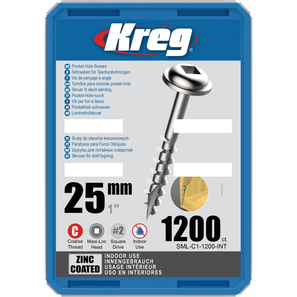 KREG Pocket-Hole skruer 25mm Zinc Coated Maxi-Loc grov gevind 1200stk