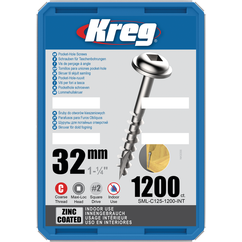 KREG Pocket-Hole skruer 32mm Zinc Coated Maxi-Loc grov gevind 1200stk