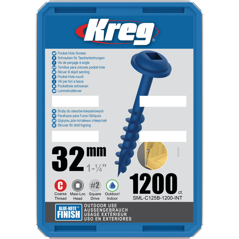 KREG Pocket-Hole skruer 32mm Blue-Kote Maxi-Loc grov gevind 1200stk