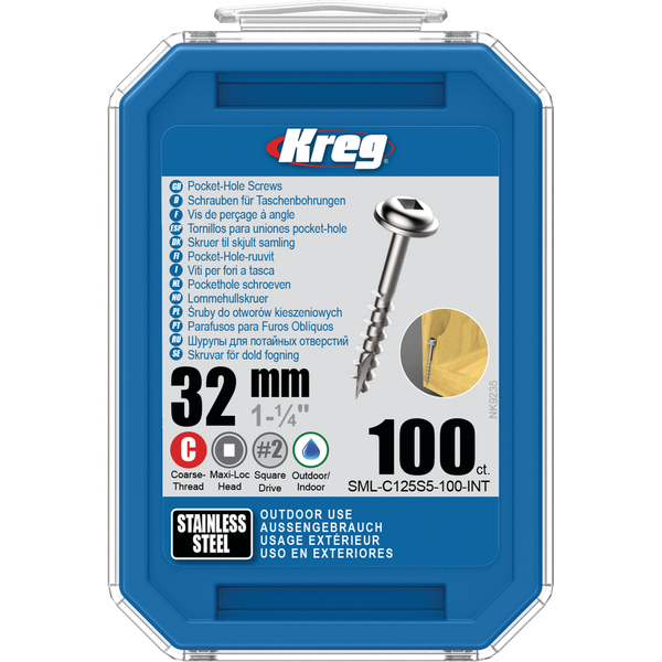 KREG Pocket-Hole skruer 32mm Stainless Steel Maxi-Loc grov gevind, 100 stk