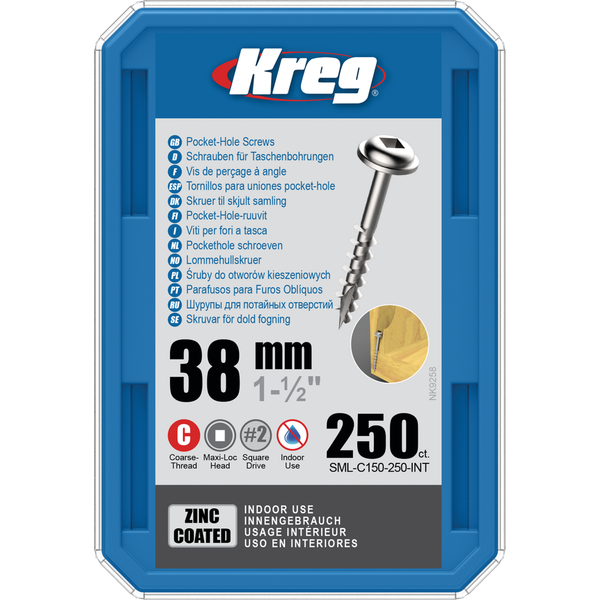 KREG Pocket-Hole skruer 38mm Zinc Coated Maxi-Loc grov gevind 250stk