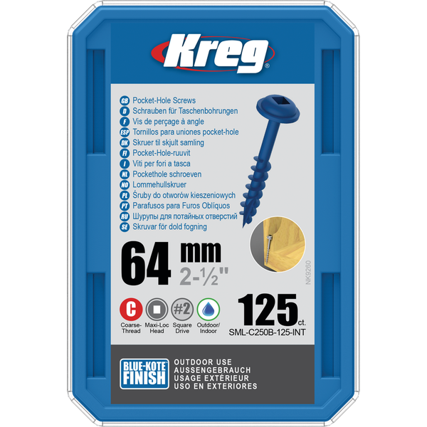 KREG Pocket-Hole skruer 64 mm, Blue-Kote Maxi-Loc grov gevind 125stk