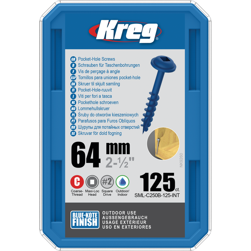 KREG Pocket-Hole skruer 64 mm, Blue-Kote Maxi-Loc grov gevind 125stk