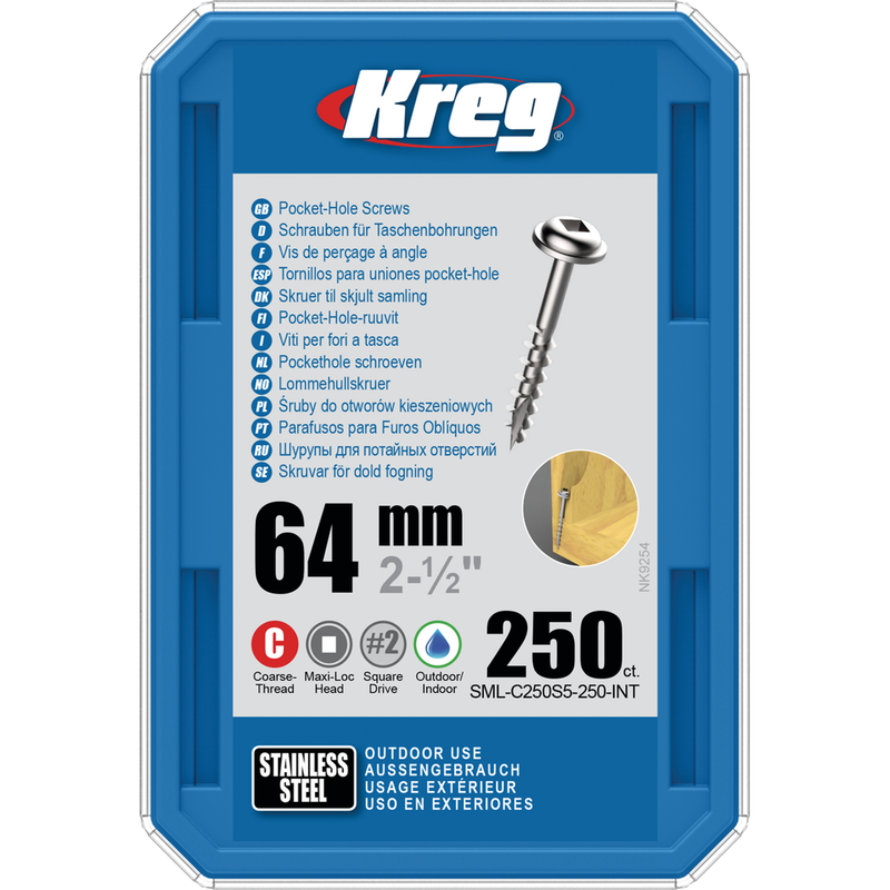 KREG Pocket-Hole skruer 64mm Stainless Steel Maxi-Loc grov gevind 250stk