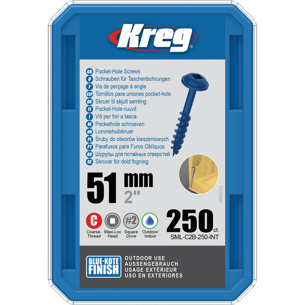 KREG Pocket-Hole skruer 51mm Blue-Kote Maxi-Loc grov gevind 250stk