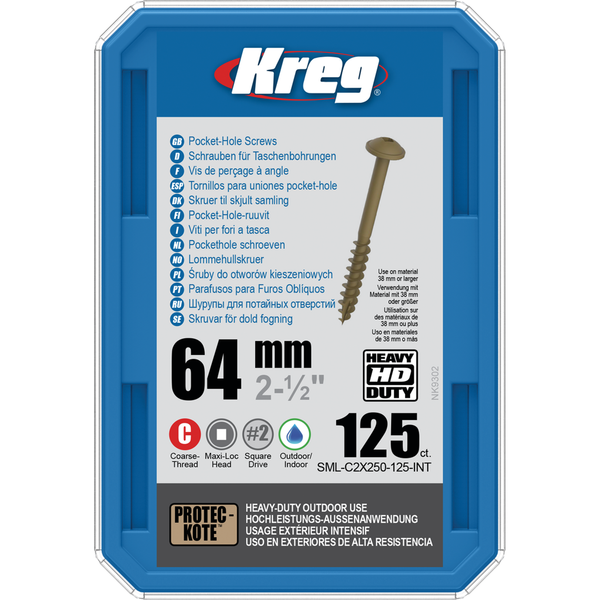 KREG HD Pocket-Hole skruer 64mm Protec-Kote Maxi-Loc grov gevind 125stk