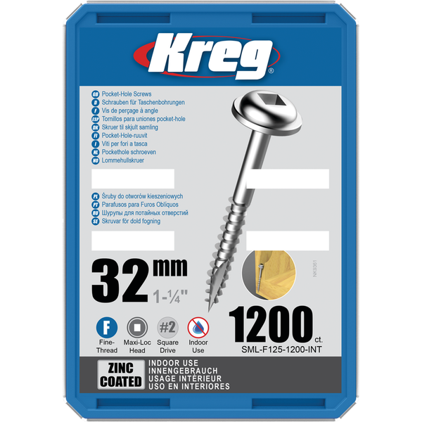 KREG Pocket-Hole skruer 32mm Zinc Coated Maxi-Loc fin gevind 1200stk