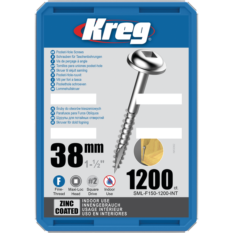 KREG Pocket-Hole skruer 38mm Zinc Coated Maxi-Loc fin gevind 1200stk