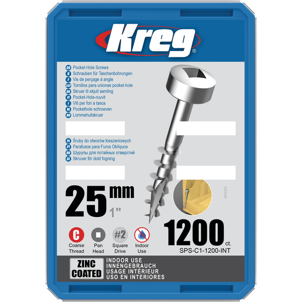 KREG Pocket-Hole skruer 25mm Zinc Coated Pan-Head grov gevind 1200stk