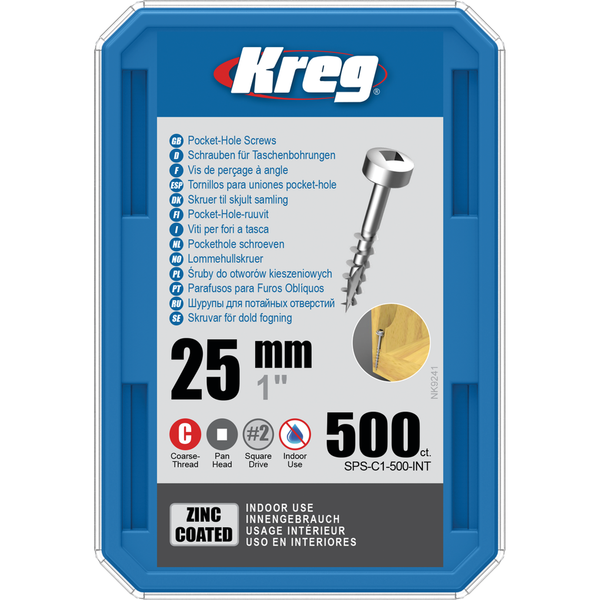 KREG Pocket-Hole skruer 25mm Zinc Coated Pan-Head grov gevind 500stk