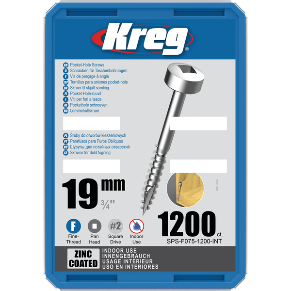 KREG Pocket-Hole skruer 19mm Zinc Coated Pan-Head fin gevind 1200stk