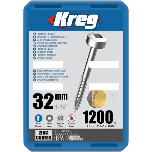 KREG Pocket-Hole skruer 32mm Zinc Coated Pan-Head fin gevind 1200stk